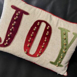 Holiday Pillow With JOY Design & Jingle Bells Beige Linen